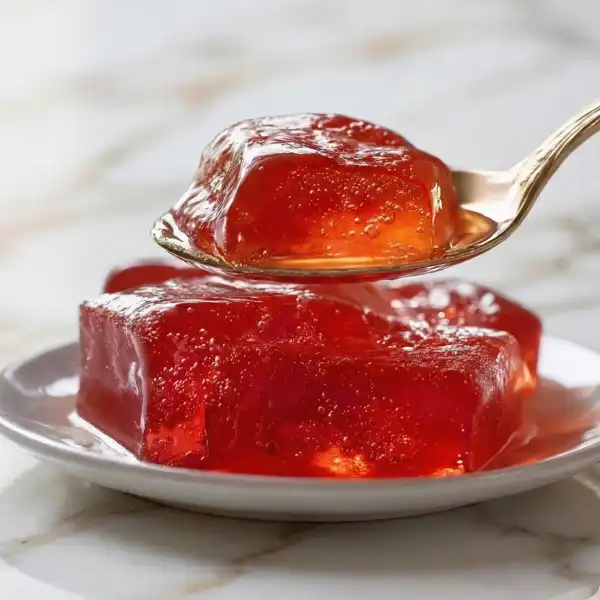 Gelatin recipe for weight loss served as red gelatin cubes on a spoon